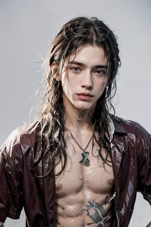 1boy, male focus, solo, pale tattooed attractive pretty man with soft beautiful long white blond hair, ((white blond hair)), long hair, blue eyes, (pale skin), tattoos, tattooed, red open button-down shirt, showing chest, red shirt, open shirt, short sleeves, chain necklaces, white background, simple background, face,Detailedface,wet hair, wet clothes,
