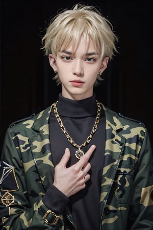 1boy, solo, male focus, bangs, blond hair, black eyes, sanpaku eyes, camouflage pants, black sweater, combat boots, upper body, beautiful, handsome, chain necklace, diamond stud earrings, bored, arrogant, 