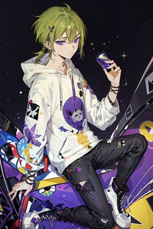 1boy, male focus, solo, purple eyes, green hair, simple background, white background, mmcsuou, chibi, masterpiece, purple hoodie, galaxy print hoodie, black skinny jeans, black lace-up boots, tokyo street, night, cityscape, fate/stay background,mmcsuou,fate/stay background