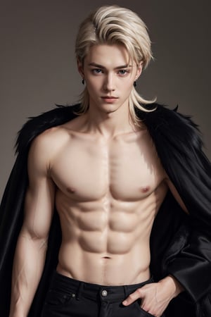 1boy, solo, 25 yo old, male focus, messy shoulder length hair, long white hair, pale skin, hazel eyes, ((black fur coat)), (bare chest), earrings, bjork, dove cameron, lucky blue smith, German, simple background, skinny, anorexic, underweight, attractive, beautiful, 
