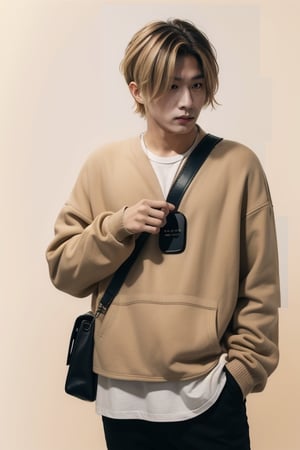 male focus,  dyed blonde hair,  black hair roots,  black eyes,  beige fleece jacket,  black pants,  white undershirt,  phone,  leather bag,  simple background,  white background,  male,  30 yrs old,  attractive,  beautiful,  arrogant,  annoyed,  irritated,