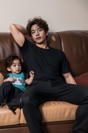 masterpiece, 1boy, couch, 1baby, 1infant on couch, sitting, brown hair, curly hair, gray eyes, black t-shirt, black pants, bored,1boy,boy