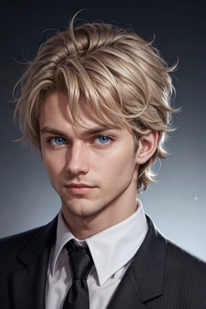 30 yr old man, male focus, simple background, Caucasian, blue eyes, wavy hair, blond hair, black suit, black tie, gray background, handsome male,