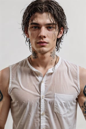 1boy, male focus, solo, pale tattooed attractive pretty man with soft beautiful long white blond hair, ((white blond hair)), long hair, blue eyes, (pale skin), tattoos, tattooed, red open button-down shirt, showing chest, red shirt, open shirt, short sleeves, chain necklaces, white background, simple background, face,Detailedface,wet hair, wet clothes,photorealistic