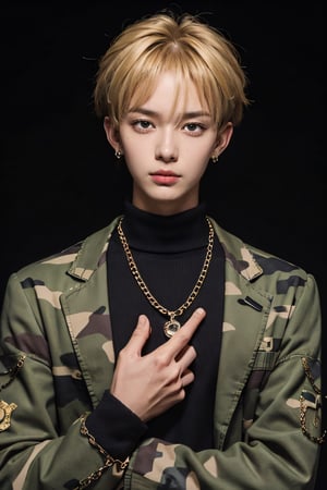 1boy, solo, male focus, bangs, blond hair, black eyes, sanpaku eyes, camouflage pants, black sweater, combat boots, upper body, beautiful, handsome, chain necklace, diamond stud earrings, bored, arrogant, 