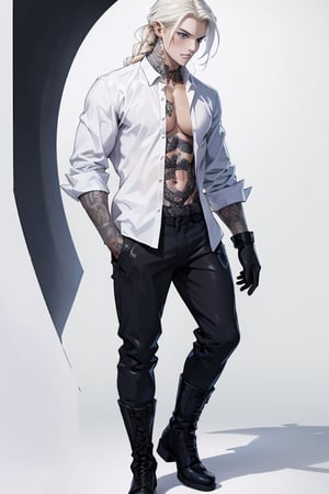 1boy, male focus, solo, pale tattooed attractive pretty man with soft beautiful long white blond hair, side braid, white blond hair in braid over chest, long hair, blond hair, blue eyes, pale skin, tattoos, tattooed, white ruffled poet shirt, black leather pants, open shirt, black riding boots, black gloves, white background, simple background, single braid, poet shirt, taut pants, frilled shirt, v-neck, pectoral_cleavage, full body, long sleeves, 