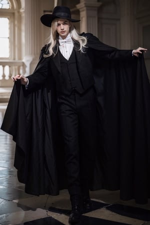 1boy, male focus, solo, pale tattooed attractive pretty man with soft beautiful long white blond hair, long hair, white blond hair, blue eyes, pale skin, black jacket, black tailsuit, bowtie, black pants, black riding boots, black gloves, black fedora, black cape, black cloak, simple background, full body,phntm,photorealistic