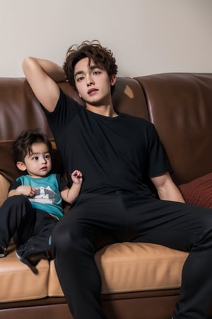 masterpiece, 1boy, couch, 1baby, 1infant on couch, sitting, brown hair, curly hair, gray eyes, black t-shirt, black pants, bored,1boy,boy