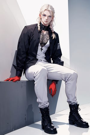 1boy, male focus, solo, pale tattooed attractive pretty man with soft beautiful long white blond hair, side braid, white blond hair in braid over chest, long hair, blond hair, blue eyes, pale skin, tattoos, tattooed, white ruffled poet shirt, black leather pants, open shirt, black riding boots, black gloves, white background, simple background, single braid, poet shirt, taut pants, frilled shirt, v-neck, pectoral_cleavage, full body, long sleeves, lace-up_top, cross-laced_top, frills, 