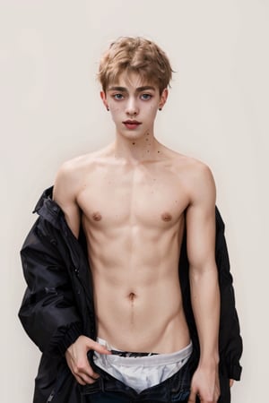 1boy, solo, masterpiece, 25 yo old, male focus, messy shoulder length hair, long white hair, pale skin, hazel eyes, black fluffy coat, (bare chest), earrings, bjork, dove cameron, lucky blue smith, German, simple background, skinny, anorexic, underweight, attractive, beautiful, caucasian, white, s0ftabs,oversized_puffer_jacket,