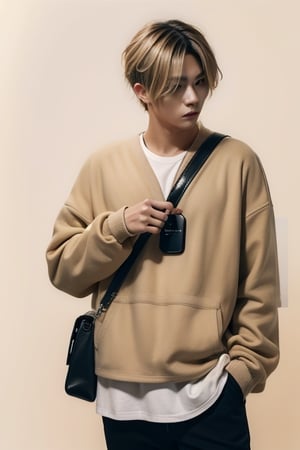 male focus,  dyed blonde hair,  black hair roots,  black eyes,  beige fleece jacket,  black pants,  white undershirt,  phone,  leather bag,  simple background,  white background,  male,  30 yrs old,  attractive,  beautiful,  arrogant,  annoyed,  irritated,