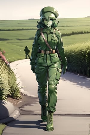 female, plastic_soldier, green_skin, green skin, green_figure, army_outfit, military_uniform, military_hat, walking in grass, smile, happy_expression,