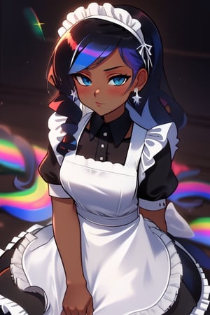 black sclera, dark skin, blue eyes, rainbowhair, rainbow_hair, fit, toned, maid_outfit, maid_headband, maid_dress