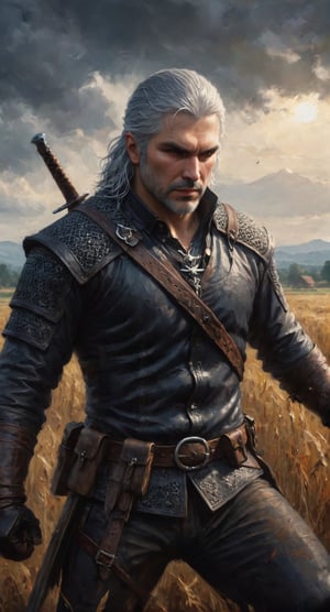 Geralt Of Rivia, The Witcher, wearing, traditional withcer chaimail and leather gear, fighting a strigoi, dynamic action pose, ((Midnight Polish farmland Background)), mid body portrait, sensual, beautiful, mesmerizing, concept art, highly detailed, artstation, behance, deviantart, inspired by innocent manga, inspired by Scream movie concept art, trending, ayami kojima, shinichi sakamoto, Extremely Realistic, 8K Kodak Golden shot.,digital painting