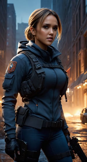 Confident Jessica Alba, Powerfull in (The Division pc game style gear), rifle in hands, Distopian Washington DC background, (full body portrait:1.4), (dynamic pose, random pose, modeling:1.2) volumetric lighting, 8k octane beautifully detailed render, post-processing, portrait, extremely hyper-detailed, intricate, epic composition, cinematic lighting, masterpiece, very very detailed, masterpiece, stunning Detailed matte painting, deep color, fantastical, intricate detail, splash screen, complementary colors, fantasy concept art, 8k resolution, Unreal Engine 5, chiaroscuro, bioluminescent, Volumetric light, auras, rays, vivid colors(face in frame:1.4), (editorial medium full body shot photography), (8k, RAW photo, best quality, masterpiece:1.4), twilight lighting, volumetric lighting, natural lighting, beautiful lighting, trending on ArtStation, trending on CGSociety, dramatic lighting, by artgerm, by Liang Xing, by WLOP, immersive atmosphere, (chiaroscuro:0.2),Extremely Realistic,SDXL