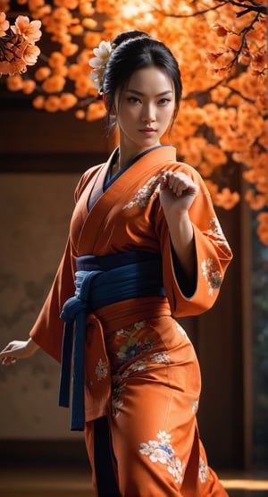 Stunning young Martial Artist Woman, Confident in Orange, Flower themed Kimono, Japaneese Dojo background, (full body portrait:1.4), (dynamic pose, random pose, modeling:1.2) volumetric lighting, 8k octane beautifully detailed render, post-processing, portrait, extremely hyper-detailed, intricate, epic composition, cinematic lighting, masterpiece, very very detailed, masterpiece, stunning Detailed matte painting, deep color, fantastical, intricate detail, splash screen, complementary colors, fantasy concept art, 8k resolution, Unreal Engine 5, chiaroscuro, bioluminescent, Volumetric light, auras, rays, vivid colors(face in frame:1.4), (editorial medium full body shot photography), (8k, RAW photo, best quality, masterpiece:1.4), twilight lighting, volumetric lighting, natural lighting, beautiful lighting, trending on ArtStation, trending on CGSociety, dramatic lighting, by artgerm, by Liang Xing, by WLOP, immersive atmosphere, (chiaroscuro:0.2),Extremely Realistic,SDXL