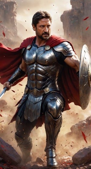 Batlle ready Gerard Butler, wearing spartan warrior outfit, red cape, (Ancient sparta background), mid body portrait (Random Dynamic pose, modeling pose:1.4), mid body portrait,highly detailed, digital painting, holographic, artstation, concept art, sharp focus, illustration, art by Ross Tran, Jim Lee, Extremely Realistic, 8K Kodak Golden shot.