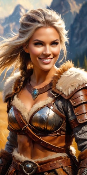 Sensual Beauty, ancient barbarian warrior, sword in hand, wearing fur and leather light armor, fur cloack (Full body shot:1.4), Smiling for the viewer, ponytail (Cream-White Balayage hair:1.4), natural lips, vivid eyes, fine eyelashes, bright eyeshadows, tanned skin, ((Fantasy Nomad camp Background)) , (dynamic action pose:1.4), grain, uhd, Kodak provia 100f, exquisite detail, natural lighting --ar 9:16 --style raw,digital painting