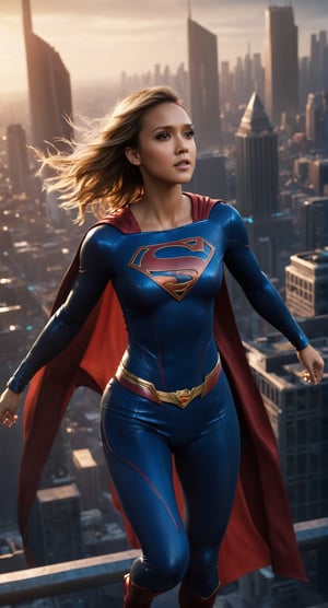 Confident Jessica Alba, Powerfull in (Supergirl suit:1.4), Flying above Metropolis, Metropolis from above background, (full body portrait:1.4), (dynamic pose, random pose, modeling:1.2) volumetric lighting, 8k octane beautifully detailed render, post-processing, portrait, extremely hyper-detailed, intricate, epic composition, cinematic lighting, masterpiece, very very detailed, masterpiece, stunning Detailed matte painting, deep color, fantastical, intricate detail, splash screen, complementary colors, fantasy concept art, 8k resolution, Unreal Engine 5, chiaroscuro, bioluminescent, Volumetric light, auras, rays, vivid colors(face in frame:1.4), (editorial medium full body shot photography), (8k, RAW photo, best quality, masterpiece:1.4), twilight lighting, volumetric lighting, natural lighting, beautiful lighting, trending on ArtStation, trending on CGSociety, dramatic lighting, by artgerm, by Liang Xing, by WLOP, immersive atmosphere, (chiaroscuro:0.2),Extremely Realistic,SDXL