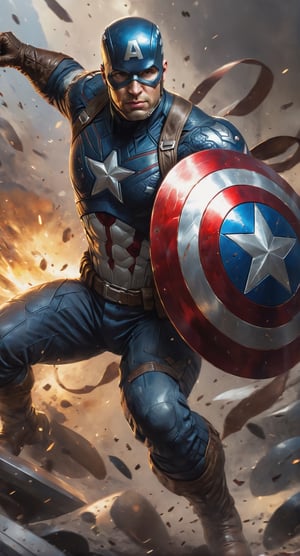 Captain America, all american hero, armed with his legendary shield,  dynamic action pose, (Battle scene Background), (Random Dynamic pose, modeling pose:1.4), mid body portrait,highly detailed, digital painting, holographic, artstation, concept art, sharp focus, illustration, art by Ross Tran, Jim Lee, Extremely Realistic, 8K Kodak Golden shot.