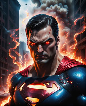 Angry Superman, glowing red eyes, smoke and ruble around him, burning buildings, Detailed matte painting, deep color, fantastical, intricate detail, splash screen, complementary colors, fantasy concept art, 8k resolution trending on Artstation Unreal Engine 5,chiaroscuro, bioluminescent