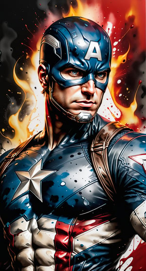 Create a mid body, Black and White depiction of a Heroic, Captain America. Red and Black Color vortex background, Dynamic action pose, (Mid body portrait:1.2), Tee-Shirt Design, Line Art, Black ink style, Ultra Detailed Artistic, Detailed Gorgeous Face, Natural Skin, Water Splash, Colour Splash Art, Fire and Ice, Splatter, Black Ink, Liquid Melting, Dreamy, Glowing, Glamour, Glimmer, Shadows, Oil On Canvas, Brush Strokes, Smooth, Ultra High Definition, 8k, Unreal Engine 5, Ultra Sharp Focus, Intricate Artwork Masterpiece, Ominous, Golden Ratio, Highly Detailed, Vibrant, Production Cinematic Character Render, Ultra High Quality Model, blackspidy
