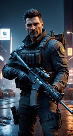 Confident Frank Grillo, Powerfull in (The Division pc game style gear), rifle in hands, Distopian New York background, (full body portrait:1.4), (dynamic pose, random pose, modeling:1.2) volumetric lighting, 8k octane beautifully detailed render, post-processing, portrait, extremely hyper-detailed, intricate, epic composition, cinematic lighting, masterpiece, very very detailed, masterpiece, stunning Detailed matte painting, deep color, fantastical, intricate detail, splash screen, complementary colors, fantasy concept art, 8k resolution, Unreal Engine 5, chiaroscuro, bioluminescent, Volumetric light, auras, rays, vivid colors(face in frame:1.4), (editorial medium full body shot photography), (8k, RAW photo, best quality, masterpiece:1.4), twilight lighting, volumetric lighting, natural lighting, beautiful lighting, trending on ArtStation, trending on CGSociety, dramatic lighting, by artgerm, by Liang Xing, by WLOP, immersive atmosphere, (chiaroscuro:0.2),Extremely Realistic,SDXL