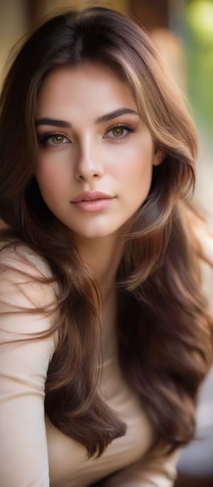 portrait of a confident, beautiful young woman. her shoulder length brown hair frames her face. natural beauty. beautiful green and brown eyes. catchlights in the eyes. full lips. The image has a neutral color tone with natural light setting. f/5.6 50mm, close-up, sharp focus, (Best Quality:1.4), (Ultra realistic, Ultra high res), Highly detailed, Professional Photography