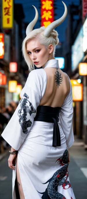 1 girl, (masterful) albino demon queen, (long complex horns:1.2), 
,hakama,gaiter,kanji tattoo,kimono back wide open,beautiful tattoo,
cyberpunk city background,photo_b00ster,ct-niji2,dragon tattoo,GlowingTat