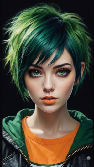 Generate hyper realistic close portrait of a beautiful girl, short messy green hair with a punk cut, dark background, orange t-shirt, very detailed beautiful eyes. Very detailed, provocative face, (dynamic provocative pose),   soft colors artwork, hight detailed,