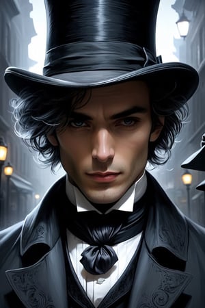 (Masterpiece, Best quality), (exterior night, image of a man, thin with very marked cheekbones, an aquiline nose and penetrating gray eyes, wearing elegant Victorian-era clothing, black clothes, a very dark gray top hat, outside at night on the street of old London) (finely detailed eyes), (finely detailed eyes and detailed face), (Extremely detailed CG, Ultra detailed, Best shadow), Beautiful conceptual illustration, full body, (illustration), (extremely fine and detailed), (Perfect details), (Depth of field)