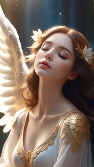 eyes closed looking upside, praying hands, beautiful angel wiht large wings, perfect hands, perfect fingers, (best quality, 4k, 8k, highres, masterpiece:1.2), ultra-detailed, (realistic, photorealistic, photo-realistic:1.37), cinematic, inner glowing shining, transparent body, beautiful detailed eyes, beautiful detailed lips, extremely detailed eyes and face, long eyelashes, soft flowing hair, graceful pose, ethereal atmosphere, soft ambient lighting, subtle color grading, sublime beauty, sublime beauty, ethereal background, captivating aura, magical scene, gentle mist, serene environment, surreal ambiance, impeccable composition, vivid colors, luminous glow, fantasy element, mysterious charm, dreamlike quality, hauntingly beautiful, peaceful expression, serene atmosphere, effortless elegance, enchanting allure, mesmerizing presence, sublime grace, angel wings, transcendent beauty, dinamic pose, cinematic