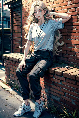 French girl,grey blonde hair(very long hair, curly_hair),hiphop dancer,wearing all black clothes (short sleeves loose fit top and cargo pants),sneakers, sitting at red brick wall(graffiti ),accessories(necklace,ear_rings),Best Quality, 32k, photorealistic, ultra-detailed, finely detailed, high resolution, perfect dynamic composition, beautiful detailed eyes, sharp-focus, cowboy_shot, 