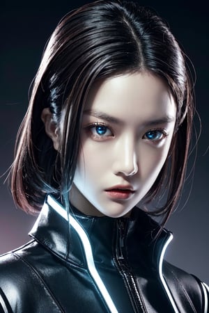 "Extreme close-up of a high-fashion model's face in a cyberpunk setting. Her expression exudes confidence and hauteur, with a slight tilt of her chin and a cool, appraising gaze directly into the camera. Her eyes are striking - perhaps enhanced with futuristic contact lenses that have a subtle digital glow or metallic sheen. Her makeup is bold and avant-garde, incorporating elements like holographic highlights, metallic accents, or precisely applied neon lines.

The model's hairstyle is sleek and futuristic, possibly featuring unusual colors or cybernetic accessories. A small part of her high-tech outfit is visible - maybe the collar of a jacket with LED trim or the edge of a neural interface device.

The background is slightly out of focus but hints at the cyberpunk cityscape with blurred neon lights and reflective surfaces. The lighting on her face is dramatic, with a mix of cool, tech-inspired blues and warm, flattering tones that accentuate her features.

The overall composition emphasizes the model's aloof and superior expression, capturing the essence of cyberpunk fashion and attitude,