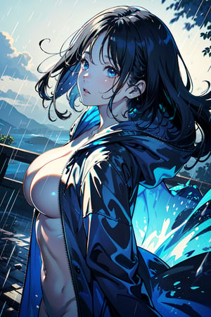 masterpiece, illustration, ray tracing, finely detailed, best detailed, Clear picture,
1girl, perfect body, hairstyles, Grayish hair, Big Breasts, ((naked)), ((close-up face)), ((Viewed from the front)), the abstract hit of Wind and rain flying background and fantastic blue gradient add to the mysteriousness, Clear raincoat with hood,