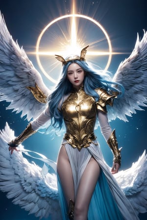 triumphant angel girl, roccoco irridescent fallen angel, cute young angel girl, reah, long blue hair, white large wings, paradise, angel beaty, beatiful, 8k, oktavian render, high quality, masterpiece, dynamic pose, hot girl, praising, dark background, nimb, cinemathic scene, shiny, an angel wearing gold and silver crystal armor, heaven background, glowing halo around head, white feathered wings, centered key visual highly detailed breathtaking beauty precise lineart vibrant comprehensive cinematic, dynamic pose, best quality, 8k, golden hour,angel_wings