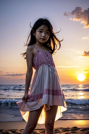 A charming scene of an 11-year-old girl building a sandcastle on the beach at sunset. She's focused intently on her creation, her small hands carefully shaping the towers and walls. The warm golden light of the setting sun bathes her in a gentle glow, creating long shadows across the sand. Her expression shows pure childhood joy and concentration. She might be wearing a simple sundress or beach attire, perhaps slightly sandy from her play. The sandcastle is elaborate for her age, showing imagination and dedication. In the background, the sky is painted in stunning sunset colors - orange, pink, and purple hues reflecting on the calm ocean waters. A few seabirds might be silhouetted against the colorful sky,