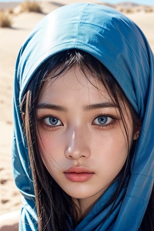 Close-up portrait of a woman with striking blue eyes in the desert. Her face is partially veiled by a traditional headscarf, drawing all attention to her mesmerizing azure gaze. The fabric is light and flowing, protecting her from the desert sun. Golden sand dunes fade into the background, slightly out of focus. Harsh sunlight creates dramatic shadows on her face, emphasizing the intensity of her eyes. Her gaze is mysterious and captivating, telling a story of desert journeys. The color palette contrasts her cool blue eyes with the warm earth tones of the desert and fabric. Photorealistic style with high detail on the eyes, showing flecks of different blues and reflecting the desert landscape,