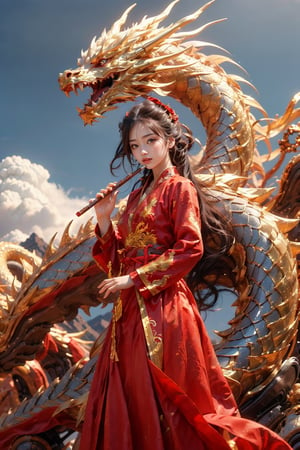 masterpiece, top quality, best quality, official art, (beautiful and aesthetic:1.3), (beautiful 1girl:1.5), (dragon:1.5) long hair, red hanfu fashion, chinese dragon flying in the sky, golden line, (black and red clothes:1.4), volumetric lighting, ultra-high quality, photorealistic, tang dynasty background, dynamic pose, detailed_background, 8k illustration, DonMChr0m4t3rr4, A beautiful girl posing with back turned to the viewer, High detailed, (blue sky scenery:1.5), close up shot, strong wind,  playing flute, (playing flute:1.5), (mecha:1.3),
