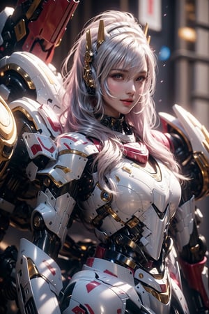 1girl, dramatic lighting, blue Mecha, white hair, ultimate_beautiful_girl, smile, medieval armor