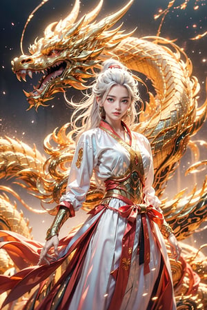 masterpiece, top quality, best quality, official art, beautiful and aesthetic:1.3), (1girl:1.4), white color hair, red hanfu fashion, chinese dragon flying in the sky, golden line, volumetric lighting, ultra-high quality, photorealistic, sky background, dynamic pose, detailed_background, 8k illustration, DonMChr0m4t3rr4, Hair length to waist,  mecha, ASU1, supersaiyan,rototech,Cyberpunk