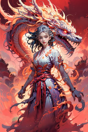 masterpiece, top quality, best quality, official art, beautiful and aesthetic:1.2), (1girl:1.4), yellow color hair, red hanfu fashion, chinese dragon, eastern dragon, golden line, (red theme:1.6), volumetric lighting, ultra-high quality, photorealistic, sky background, wielding purple 1light saber on left hand, dynamic pose,chaosmix,colorfulmix