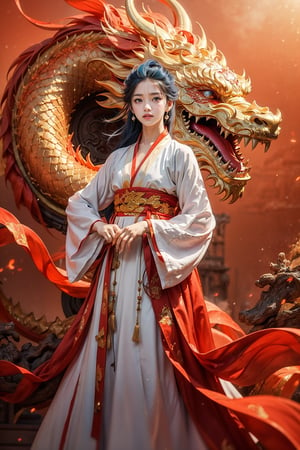 masterpiece, top quality, best quality, official art, beautiful and aesthetic:1.2), (1girl:1.3), , girl, blue hair, hanfu fashion, chinese dragon, eastern dragon, golden line, (red theme:1.6), volumetric lighting, ultra-high quality, photorealistic, sky background,hanfu,