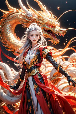 masterpiece, top quality, best quality, official art, beautiful and aesthetic:1.3), (1girl:1.4), white color hair, red hanfu fashion, chinese dragon flying in the sky, golden line, (black and red theme:1.5), volumetric lighting, ultra-high quality, photorealistic, sky background, dynamic pose, detailed_background, 8k illustration, DonMChr0m4t3rr4, Hair length to waist,  mecha,mecha