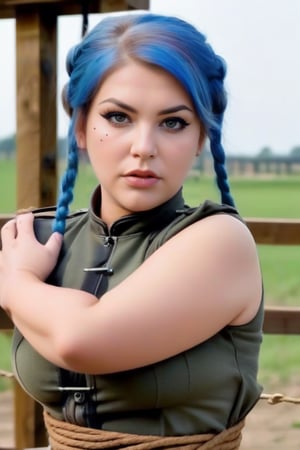Chubby girl tied up in bondage bdsm style and fucked in ass , anal sex, chubby_female, man fucks girl from behind, man fucks girl in her butt, girl has colored hair, girl has phat ass, outdoor, field, grass, ranch,detailmaster2, detailed background, complex_background, detailed face, cum_in_face, bound_arms, tied_arms, hair_tied, tied_up_(sexual), female soldier, ,in Stocks Pose,tiedbreastsblue, girl arrested and punished, whipped, whip marks on girls body, in her 40s, background farm, complex_background, background ranch, wooden post, wooden balk, face hurt, (curvy female body), body_piercings, lust face, round face