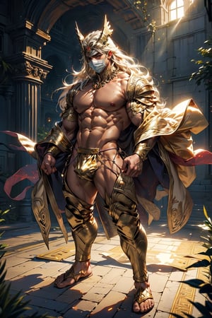 1 boy, (((((stand))))),(male focus:1.1),(male muscles:1.2), ((((((looking at viewer)))))),(((((flirty look))))), (blushing), (((((erect bulge)))), ((((((big bulge)))))), Masterpiece, best quality, illustration of a naked man with ((((gold robe)))), (((gold mask))), hide the face, Epic background, hyperrealistic, lighting glow, glowing haze,depth of field, Sharp focus,8k, Dynamic angle,Epic pose, cinematic composition,3DMM, (((sunlight))), ((((big pecs)))),High detailed, (((long hair))), (((exposed torso))), ((((transparent thong)))), (((muscle))), (((full body))), deification