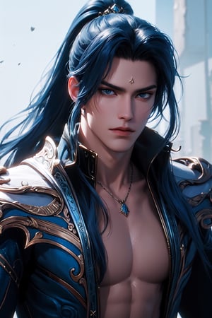 ultra realistic, masterpiece, best quality, raw photo, ultra high res, 8k, hd art, Masterpiece, best quality, hyperrealistic, lighting glow, Sharp focus,8k, Dynamic angle, Epic pose, 
1 boy, nude, muscle, big breasts, handsome, long hair, blue hair, ponytail, male focus, hair ornament,Tang San