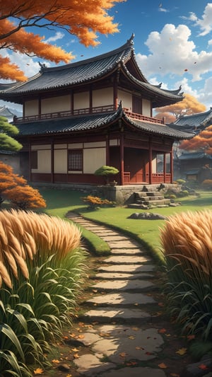 Beautiful ((isekai fantasy)) landscape of field, autumn, dog's tail grass in the ground, one chinese house in the corner, Narashige Koide, Anthropological science fiction, matte painting, cloisonnism, Instagram, asashina, Manga, leaf is falling