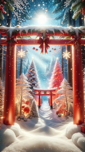 skptheme,
"Create a visually stunning image through stable diffusion, capturing the ethereal essence of a Christmas-themed torii gate adorned with dazzling illumination. Emphasize the divine radiance and intricate details, portraying a harmonious blend of festive lights and sacred elegance