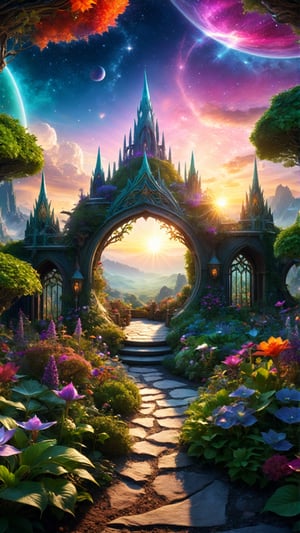  beautiful celestial elven garden at sunrise, dantasy world ,  cosmic, sublime, surreal, vibrant colors, ultra realistic, hyper detailed :1, Desktop background, cinematic light, dynamic composition, elegant, epic, intricate, highly detail, professional still, designed, clear, cute, magic, spiritual, sharp focus, winning, open, new, unique, attractive, creative, amazing, wonderful,DonMC3l3st14l3xpl0r3rsXL,360 View